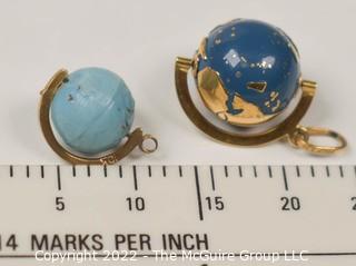 Two Gold with Enamel Painted  Articulated Globe Charms or Pendants. 10kt Gold Plate.