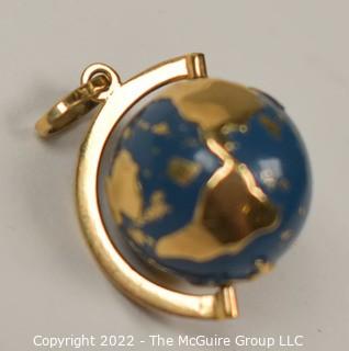 Two Gold with Enamel Painted  Articulated Globe Charms or Pendants. 10kt Gold Plate.