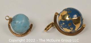 Two Gold with Enamel Painted  Articulated Globe Charms or Pendants. 10kt Gold Plate.