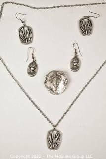 Group of Pewter Art Nouveau Style Earrings and Pendant of Chain Necklace. 