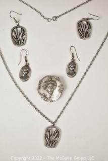 Group of Pewter Art Nouveau Style Earrings and Pendant of Chain Necklace. 