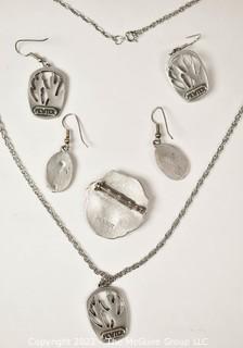 Group of Pewter Art Nouveau Style Earrings and Pendant of Chain Necklace. 