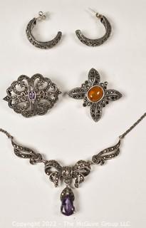 Five (5) Piece Group of Sterling Silver and Marcasite Jewelry Including Earrings, Brooches and Necklace with Amethyst 