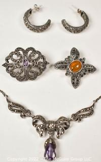 Five (5) Piece Group of Sterling Silver and Marcasite Jewelry Including Earrings, Brooches and Necklace with Amethyst 