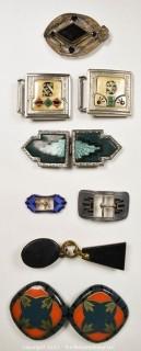 Vintage Buckles in Various Materials Including Rhinestone Enamel and Lucite.  Marked Made in Germany, Nickel Silver,  Diker and Athea. 