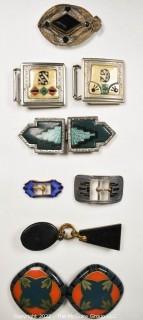 Vintage Buckles in Various Materials Including Rhinestone Enamel and Lucite.  Marked Made in Germany, Nickel Silver,  Diker and Athea. 