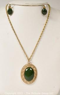 Green Jade or Agate Parure Set with Dangle Earrings and Pendant Necklace in Gold Filled Surround. 