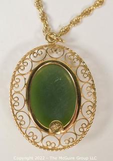 Green Jade or Agate Parure Set with Dangle Earrings and Pendant Necklace in Gold Filled Surround. 