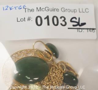 Green Jade or Agate Parure Set with Dangle Earrings and Pendant Necklace in Gold Filled Surround. 