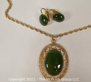 Green Jade or Agate Parure Set with Dangle Earrings and Pendant Necklace in Gold Filled Surround. 