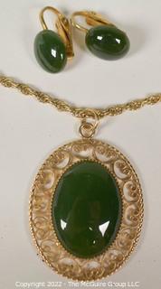 Green Jade or Agate Parure Set with Dangle Earrings and Pendant Necklace in Gold Filled Surround. 