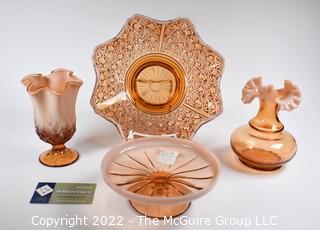 Four (4) Amber Fenton Art Glass Platter, Vases and Pedestal Dish