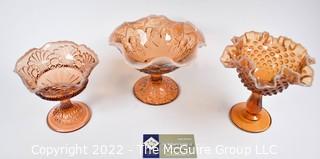 Three (3) Fenton Amber Ruffled Edge Glass Compote Style Pedestal Dish Including Hobnail.