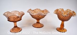 Three (3) Fenton Amber Ruffled Edge Glass Compote Style Pedestal Dish Including Hobnail.