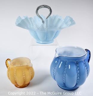 Three (3) Fenton Art Glass in Beaded Melon Pattern in Blue and Yellow.  Includes Two Pitchers or Creamers and Ruffle Edge Serving Dish. 