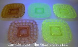 Five (5) Piece Set of Fenton Imperial Uranium Vaseline Glass Beaded Block Plates in Gold, Yellow Green, Blue and Pink.  7