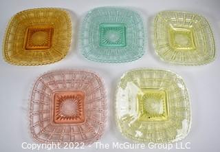 Five (5) Piece Set of Fenton Imperial Uranium Vaseline Glass Beaded Block Plates in Gold, Yellow Green, Blue and Pink.  7