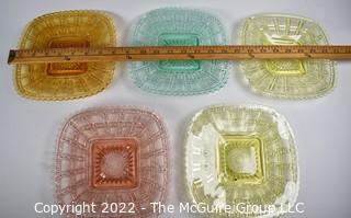 Five (5) Piece Set of Fenton Imperial Uranium Vaseline Glass Beaded Block Plates in Gold, Yellow Green, Blue and Pink.  7