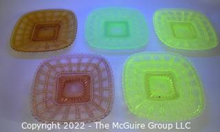 Five (5) Piece Set of Fenton Imperial Uranium Vaseline Glass Beaded Block Plates in Gold, Yellow Green, Blue and Pink.  7