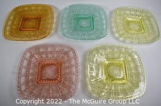 Five (5) Piece Set of Fenton Imperial Uranium Vaseline Glass Beaded Block Plates in Gold, Yellow Green, Blue and Pink.  7