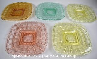 Five (5) Piece Set of Fenton Imperial Uranium Vaseline Glass Beaded Block Plates in Gold, Yellow Green, Blue and Pink.  7