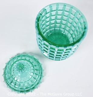 Fenton Green Imperial Uranium Vaseline Glass Jar with Lid.  7" tall.