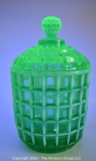 Fenton Green Imperial Uranium Vaseline Glass Jar with Lid.  7" tall.