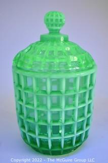 Fenton Green Imperial Uranium Vaseline Glass Jar with Lid.  7" tall.