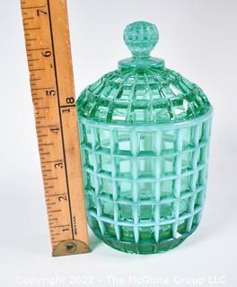 Fenton Green Imperial Uranium Vaseline Glass Jar with Lid.  7" tall.