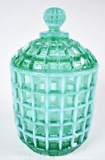 Fenton Green Imperial Uranium Vaseline Glass Jar with Lid.  7" tall.