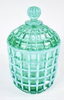 Fenton Green Imperial Uranium Vaseline Glass Jar with Lid.  7" tall.