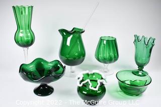 Seven (7) Fenton Green Ruffled Edge Art Glass Compotes, Vases Pedestal Dishes. 