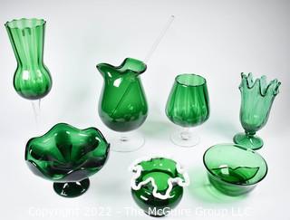 Seven (7) Fenton Green Ruffled Edge Art Glass Compotes, Vases Pedestal Dishes. 