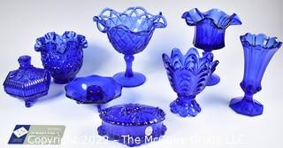 Eight (8) Fenton Cobalt Blue Ruffled Edge Art Glass Compotes, Vases, Pedestal Goblets and Lidded Boxes. 