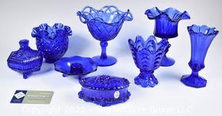 Eight (8) Fenton Cobalt Blue Ruffled Edge Art Glass Compotes, Vases, Pedestal Goblets and Lidded Boxes. 