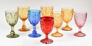 Eight (8) Fenton Art Glass Pedestal Style Goblets in Green, Peach, Blue, Pink and Ruby Red .  