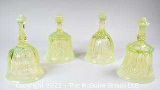 Four (4) Fenton Imperial Uranium Vaseline Glass Hand Bells. 