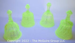 Four (4) Fenton Imperial Uranium Vaseline Glass Hand Bells. 