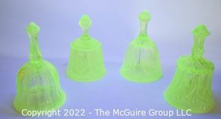 Four (4) Fenton Imperial Uranium Vaseline Glass Hand Bells. 