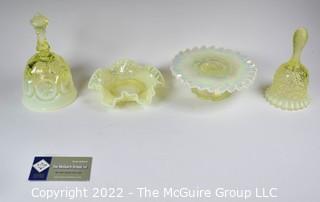 Four (4) Pieces of Fenton Imperial Uranium Vaseline Glass Including Two Hand Bells, Pedestal Serving Plate and Ruffled Candy Dish.