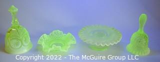 Four (4) Pieces of Fenton Imperial Uranium Vaseline Glass Including Two Hand Bells, Pedestal Serving Plate and Ruffled Candy Dish.