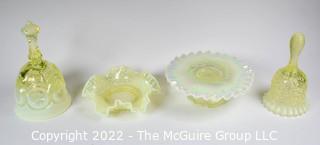 Four (4) Pieces of Fenton Imperial Uranium Vaseline Glass Including Two Hand Bells, Pedestal Serving Plate and Ruffled Candy Dish.