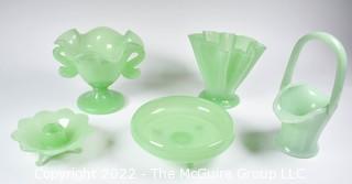 Four (4) Jadeite Green Fenton Glass Serving and Decorative Pieces Including Fluted Vase,  Ruffled Pedestal Urn Style Dish withSerpent Arms, Candle Holder, Footed Bowl and Basket.