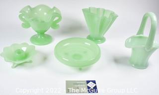 Four (4) Jadeite Green Fenton Glass Serving and Decorative Pieces Including Fluted Vase,  Ruffled Pedestal Urn Style Dish withSerpent Arms, Candle Holder, Footed Bowl and Basket.