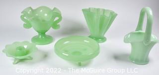 Four (4) Jadeite Green Fenton Glass Serving and Decorative Pieces Including Fluted Vase,  Ruffled Pedestal Urn Style Dish withSerpent Arms, Candle Holder, Footed Bowl and Basket.