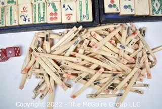 Antique Mah Jong Set with Bone Engraved Tiles On Bamboo Backs, Betting Sticks and Four (4) Cowan Game Racks.  