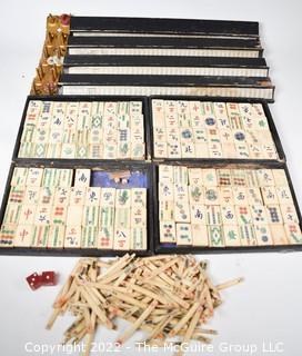 Antique Mah Jong Set with Bone Engraved Tiles On Bamboo Backs, Betting Sticks and Four (4) Cowan Game Racks.  