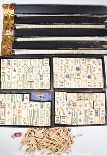 Antique Mah Jong Set with Bone Engraved Tiles On Bamboo Backs, Betting Sticks and Four (4) Cowan Game Racks.  