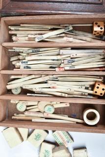 Antique Chinese Mahjong Set with Bone Engraved Tiles On Bamboo Backs, Betting Sticks and Dice in  Rosewood Wooden 5-Drawer Box 