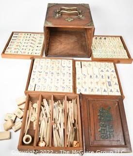 Antique Chinese Mahjong Set with Bone Engraved Tiles On Bamboo Backs, Betting Sticks and Dice in  Rosewood Wooden 5-Drawer Box 